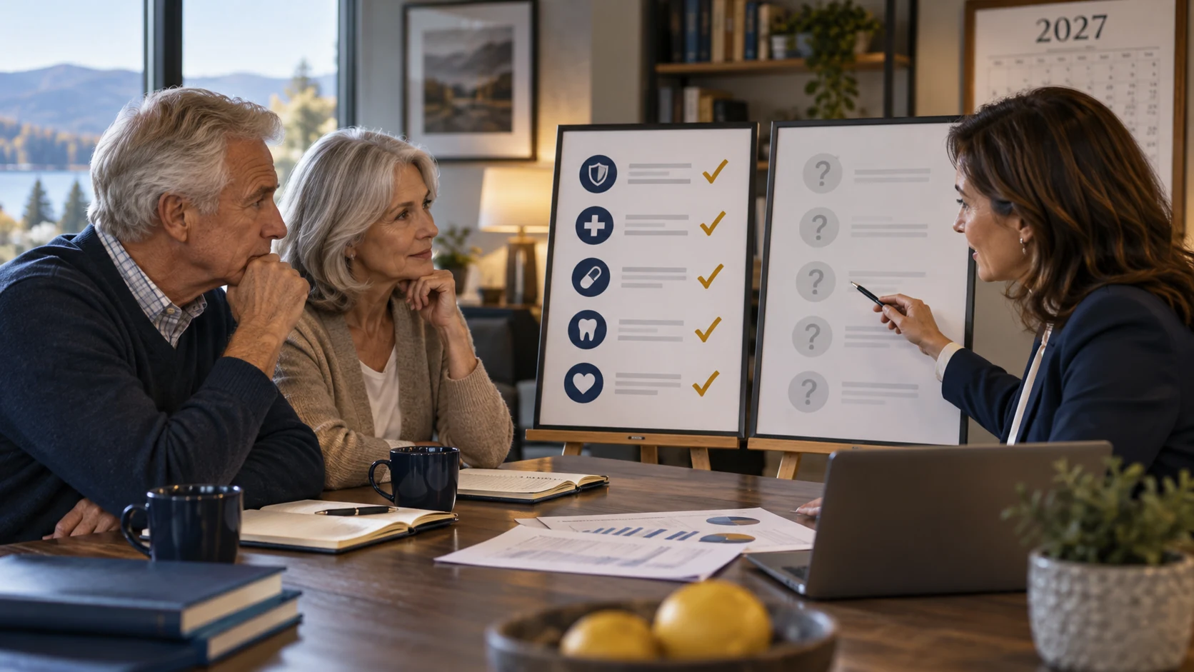 An older couple reviews Medicare plan options with an advisor beside a 2027 calendar