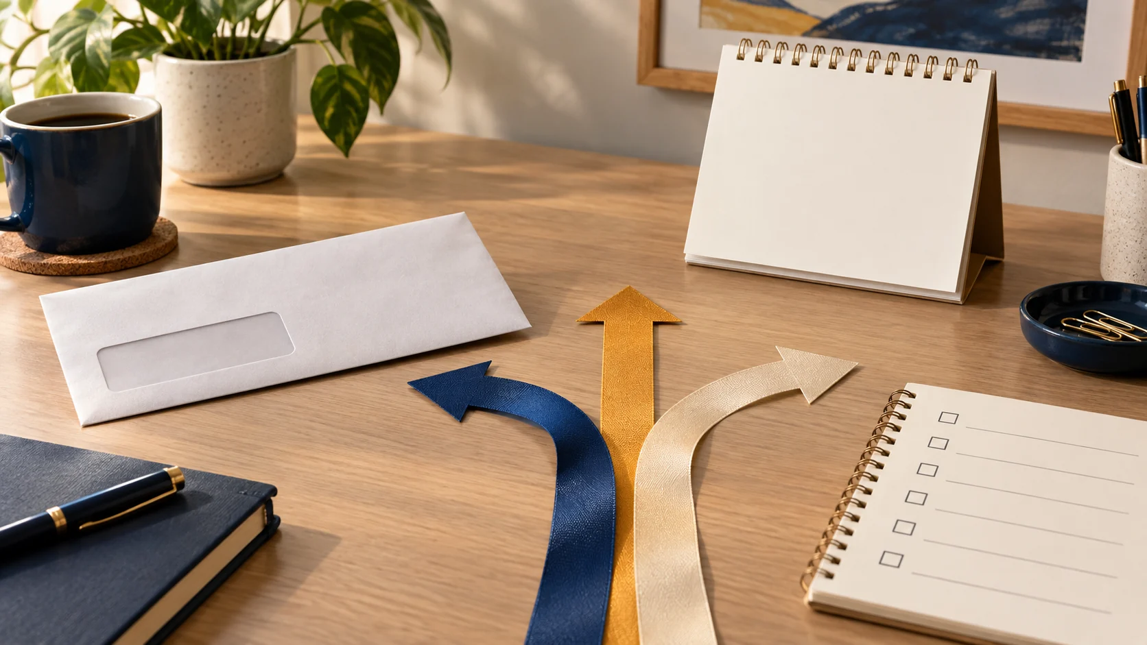 A desk with an envelope, calendar, checklist, and three directional arrows representing plan changes