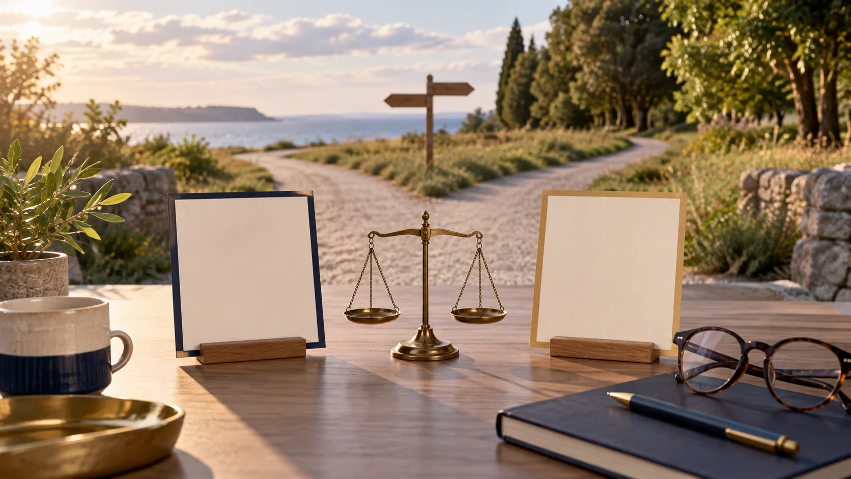 Two blank comparison cards and a balance scale on a desk overlooking a forked coastal path