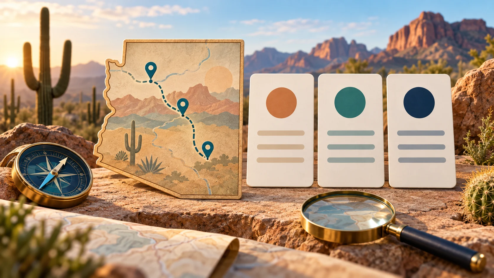 An Arizona map or state outline, comparison cards, and planning tools arranged against a regional landscape
