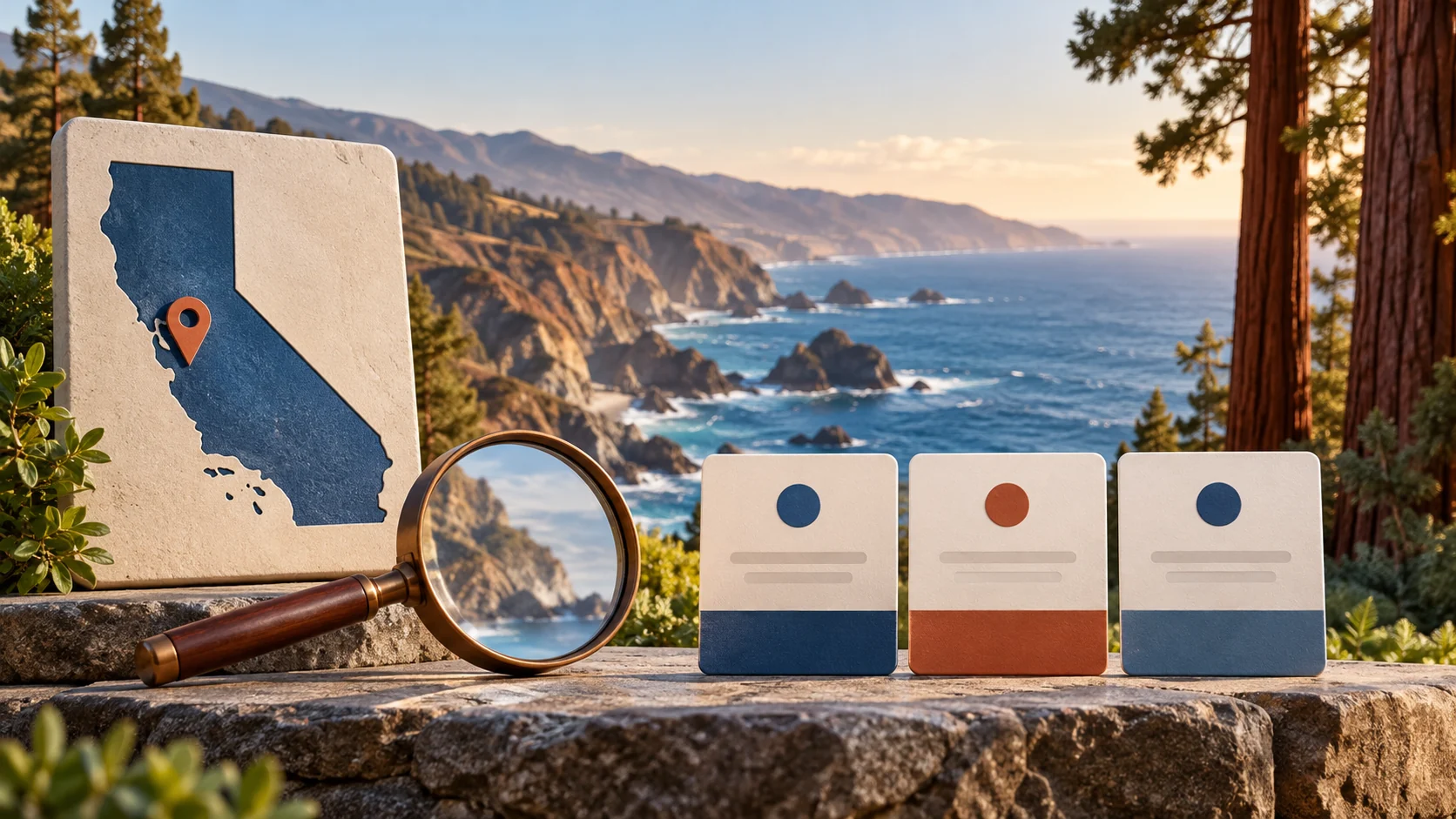 A California map or state outline, comparison cards, and planning tools arranged against a regional landscape