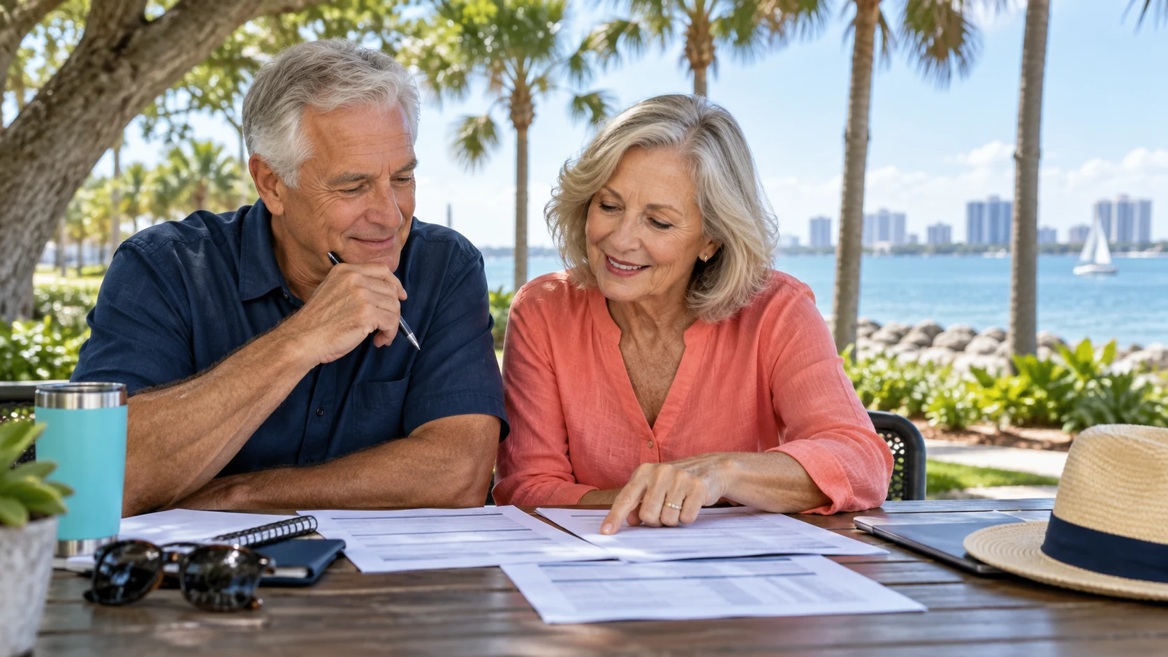 An older couple reviews Medicare plan documents at an outdoor table overlooking a Florida waterfront