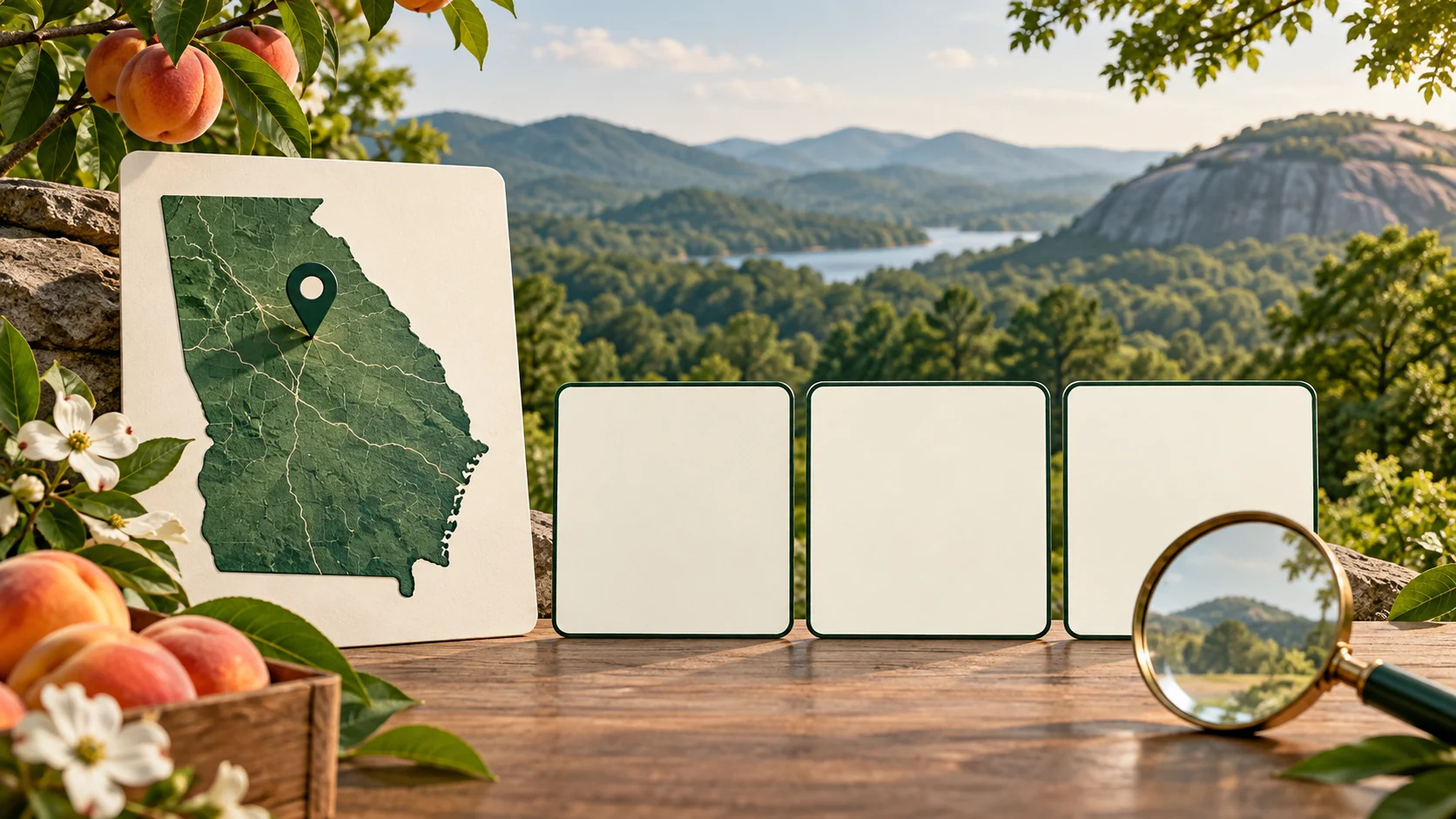 A Georgia map or state outline, comparison cards, and planning tools arranged against a regional landscape