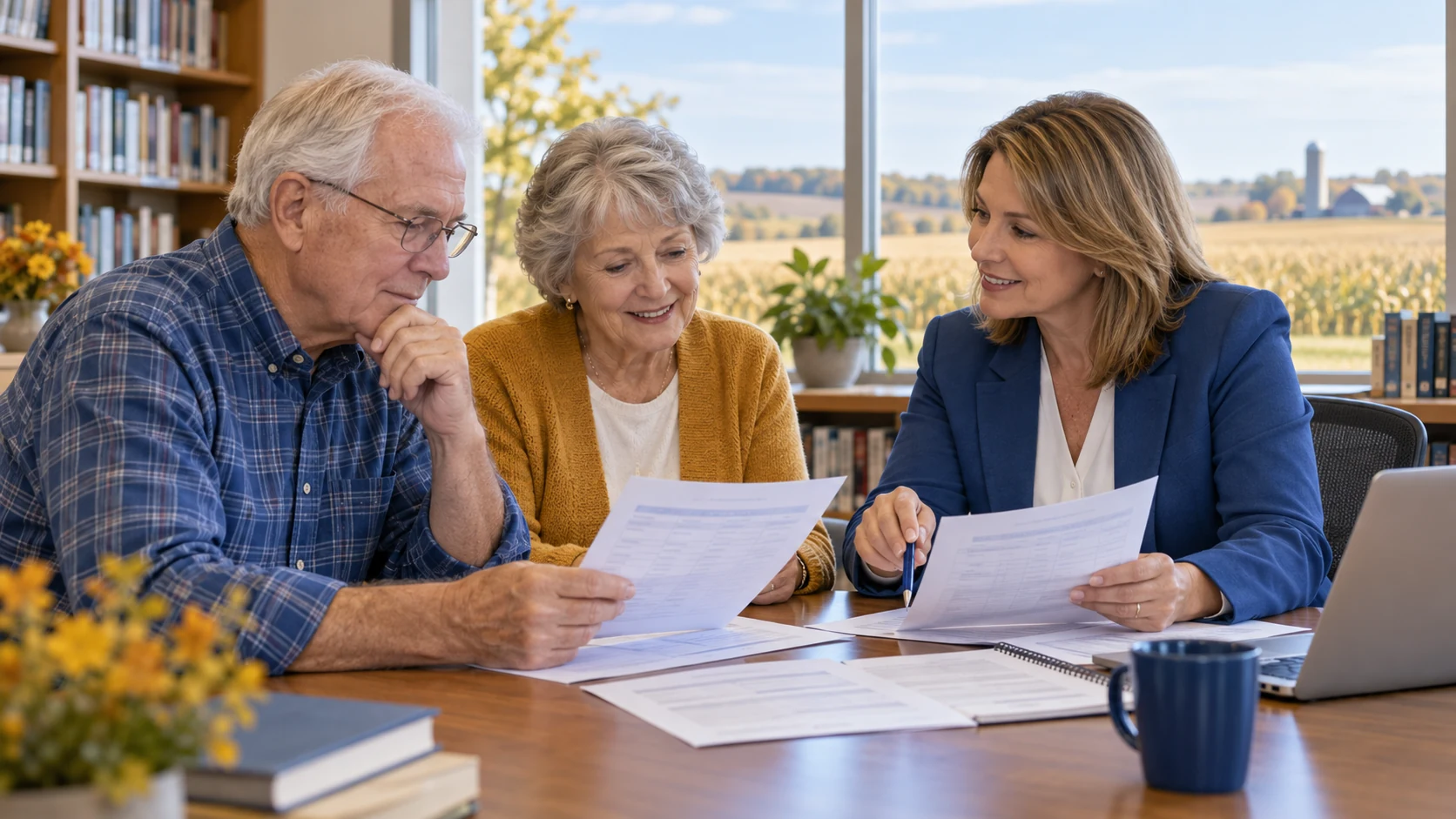An older couple reviews Medicare plan documents with an advisor in an Iowa office