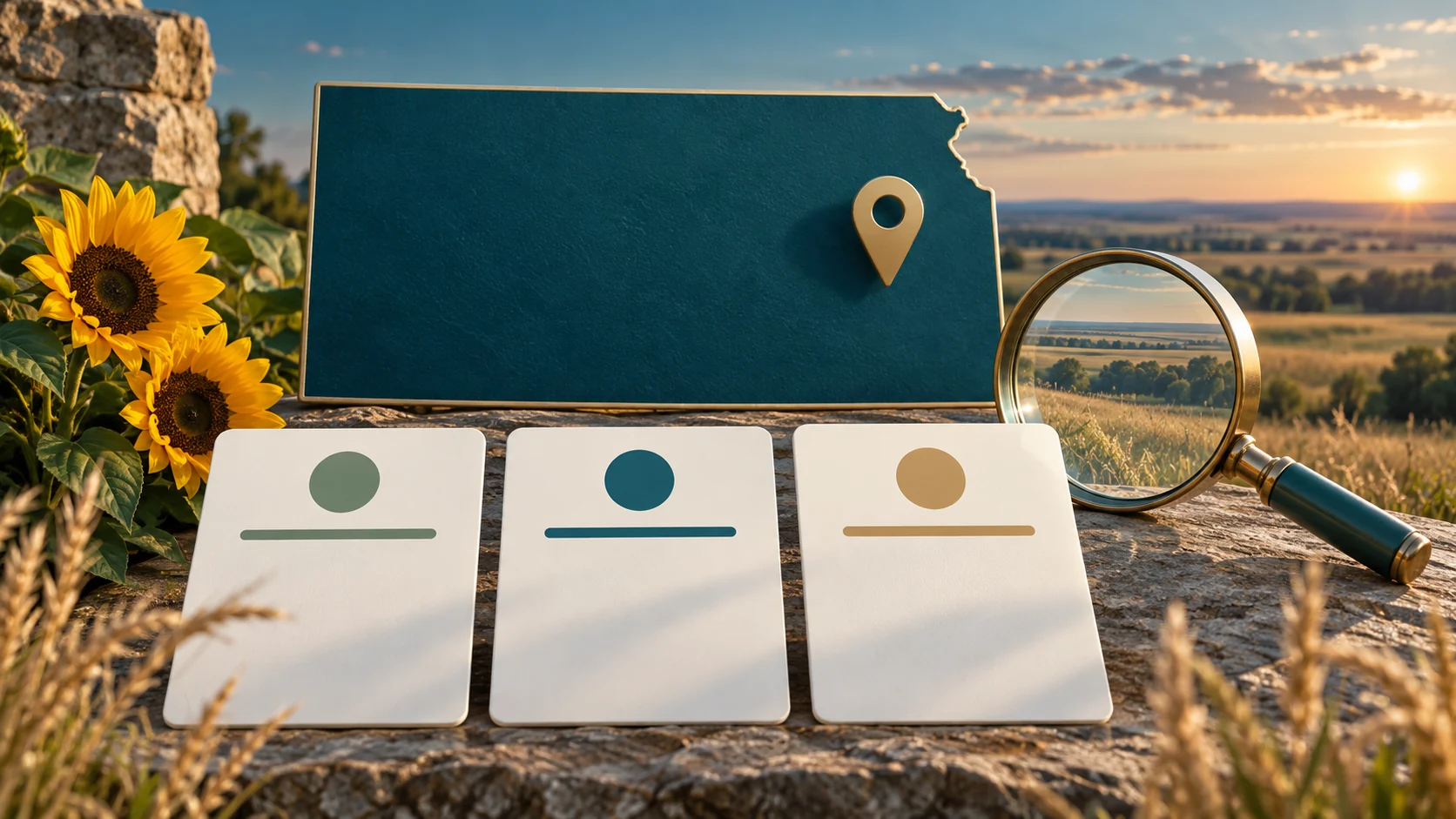 A Kansas map or state outline, comparison cards, and planning tools arranged against a regional landscape