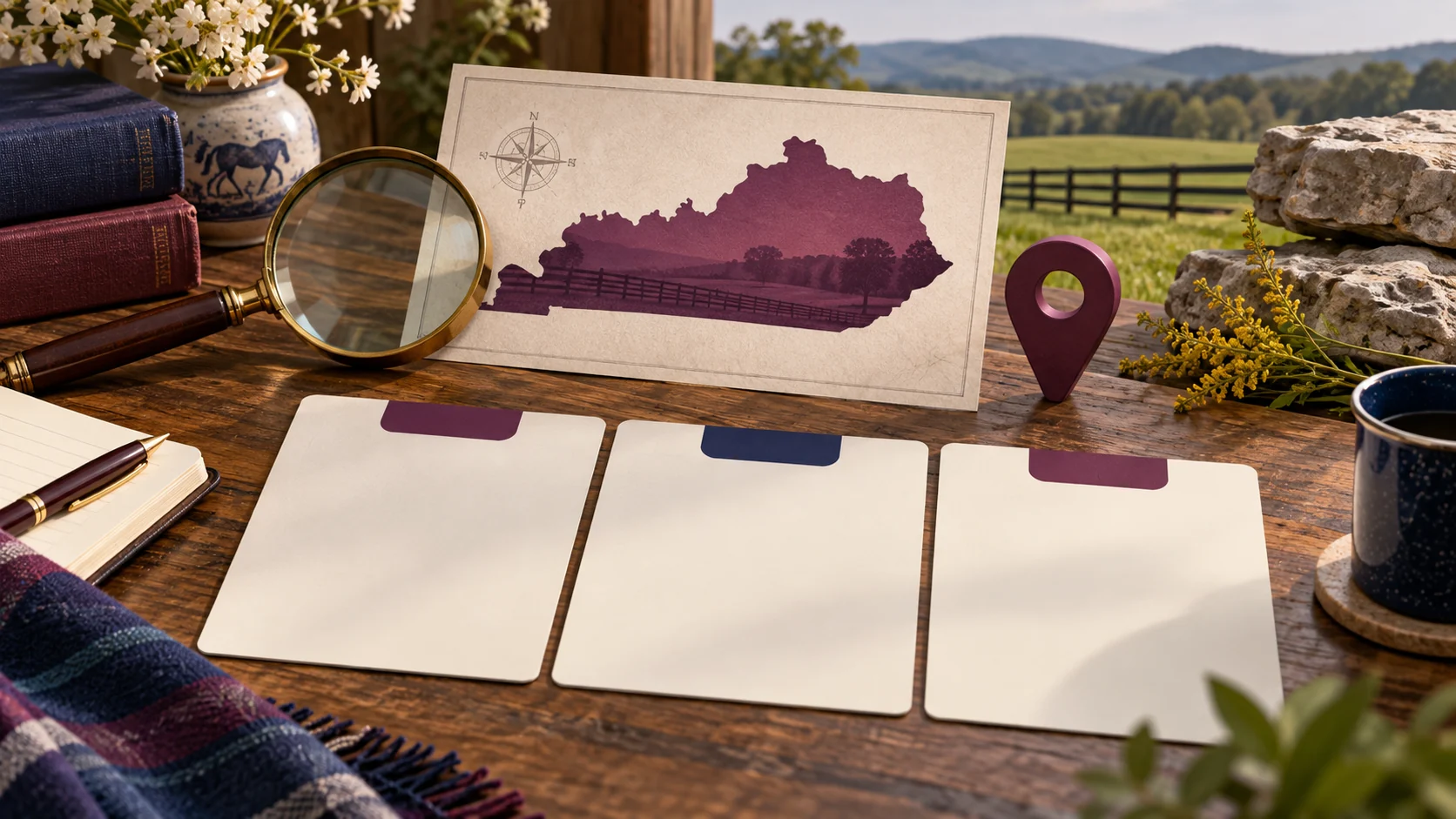 A Kentucky map or state outline, comparison cards, and planning tools arranged against a regional landscape