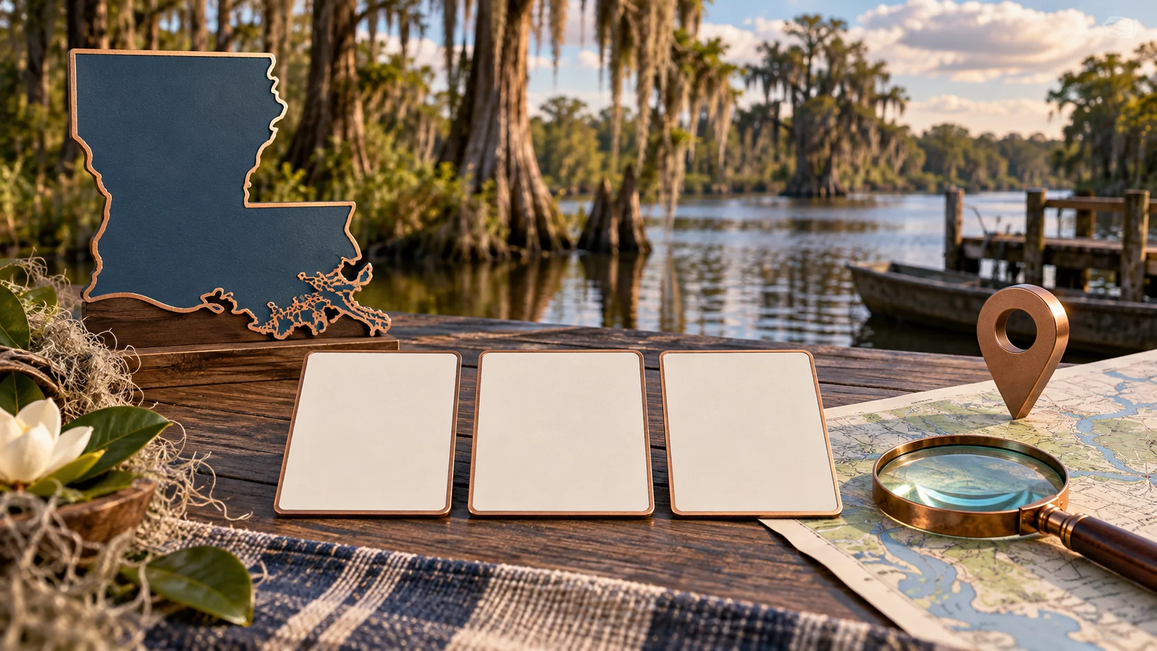 A Louisiana map or state outline, comparison cards, and planning tools arranged against a regional landscape