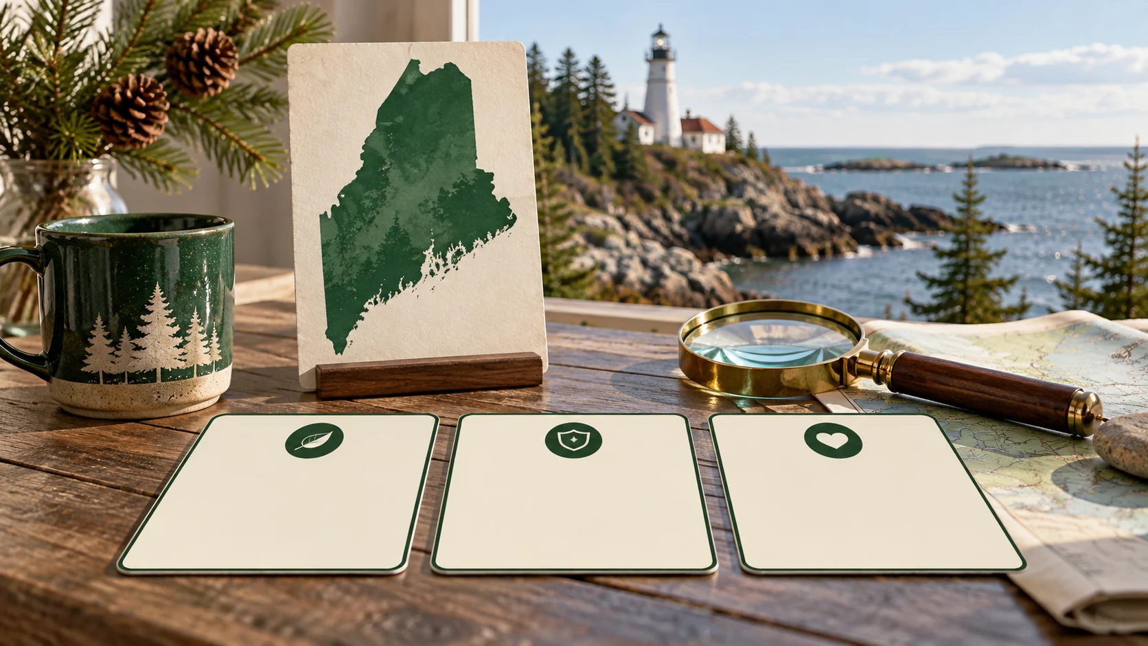 A Maine map or state outline, comparison cards, and planning tools arranged against a regional landscape