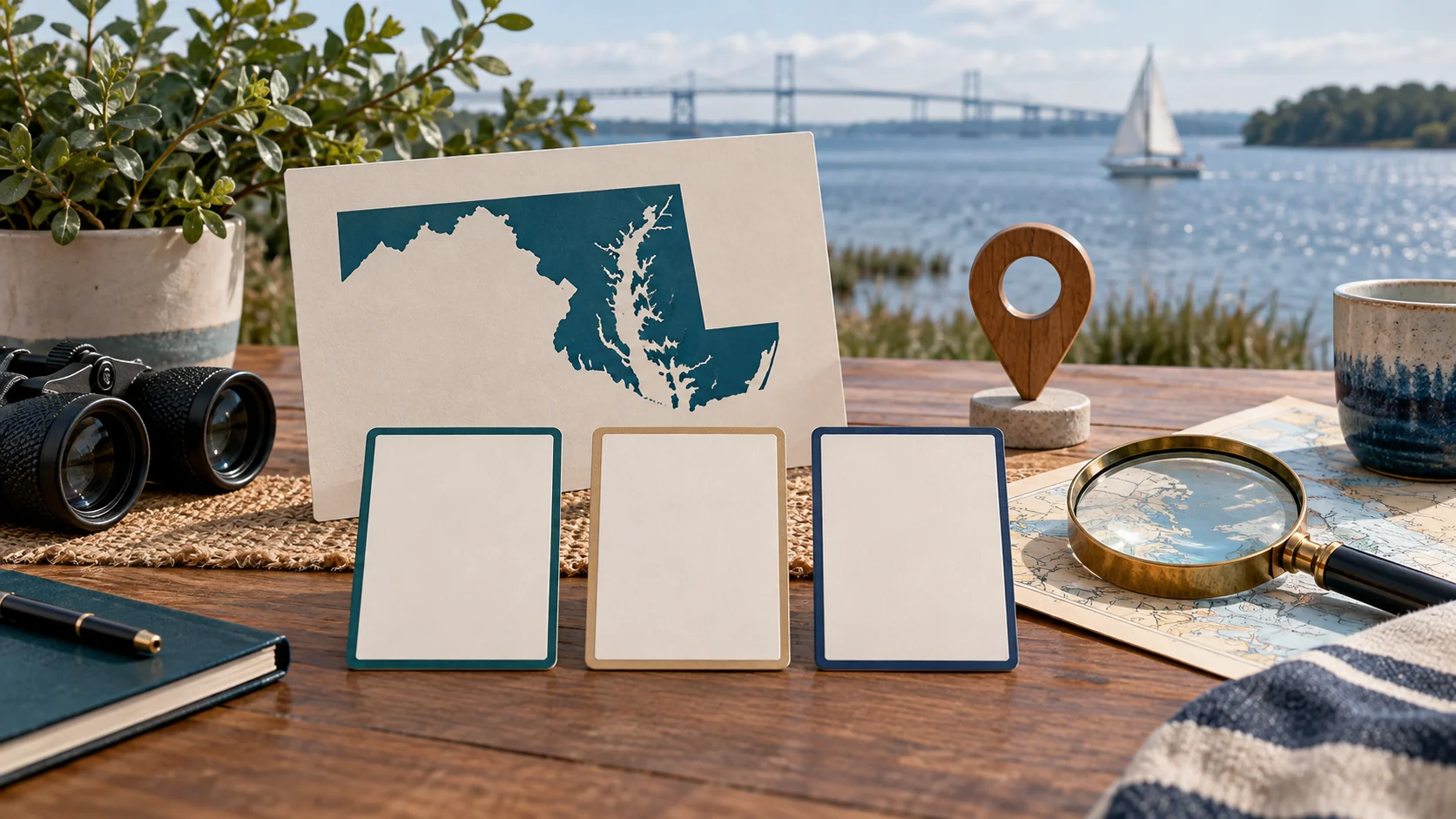 A Maryland map or state outline, comparison cards, and planning tools arranged against a regional landscape