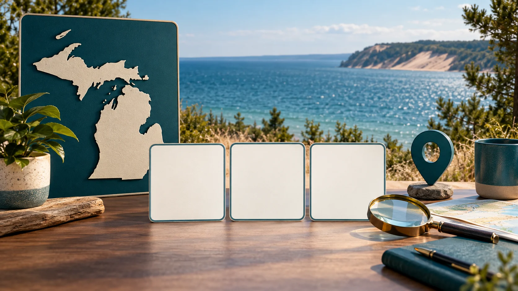 A Michigan map or state outline, comparison cards, and planning tools arranged against a regional landscape