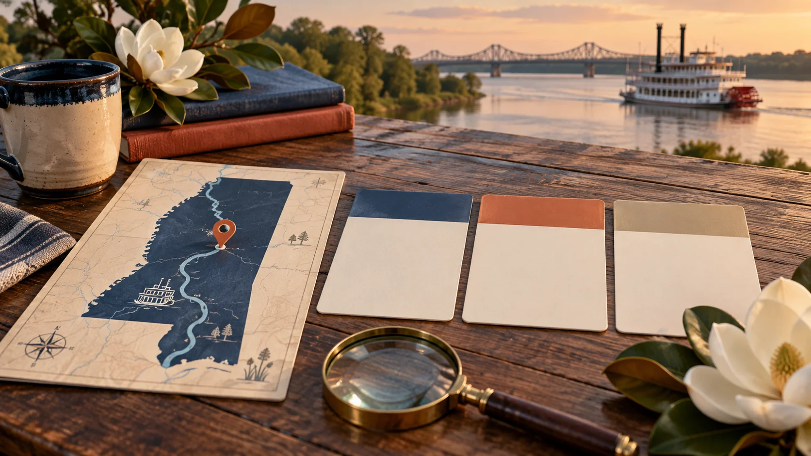 A Mississippi map or state outline, comparison cards, and planning tools arranged against a regional landscape