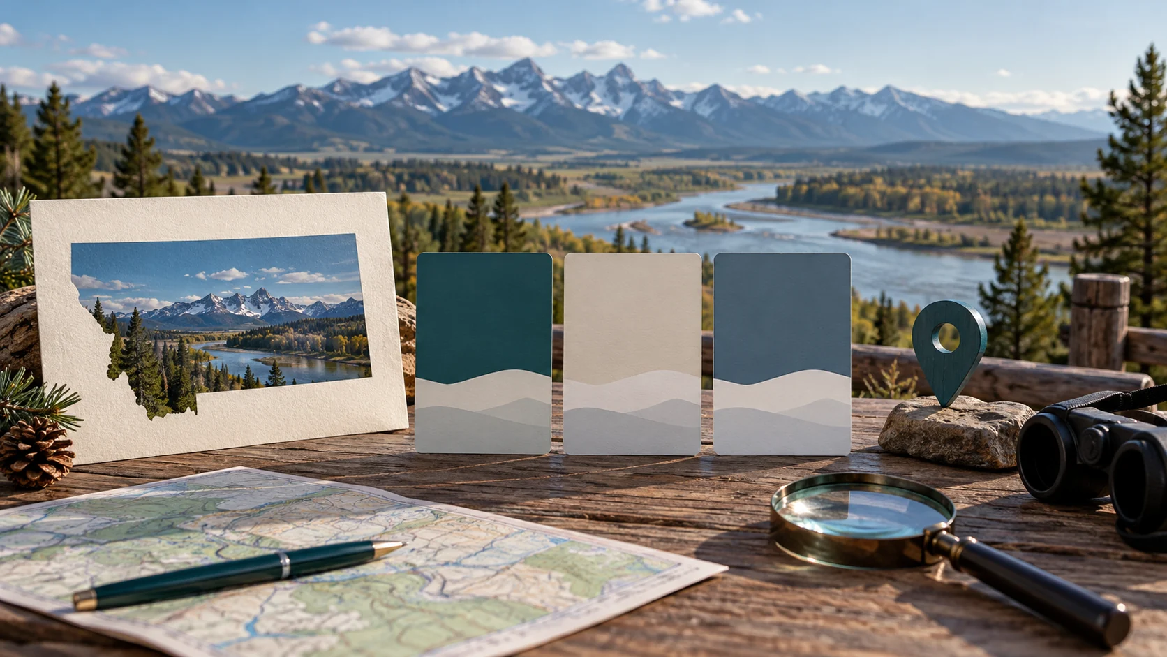 A Montana map or state outline, comparison cards, and planning tools arranged against a regional landscape