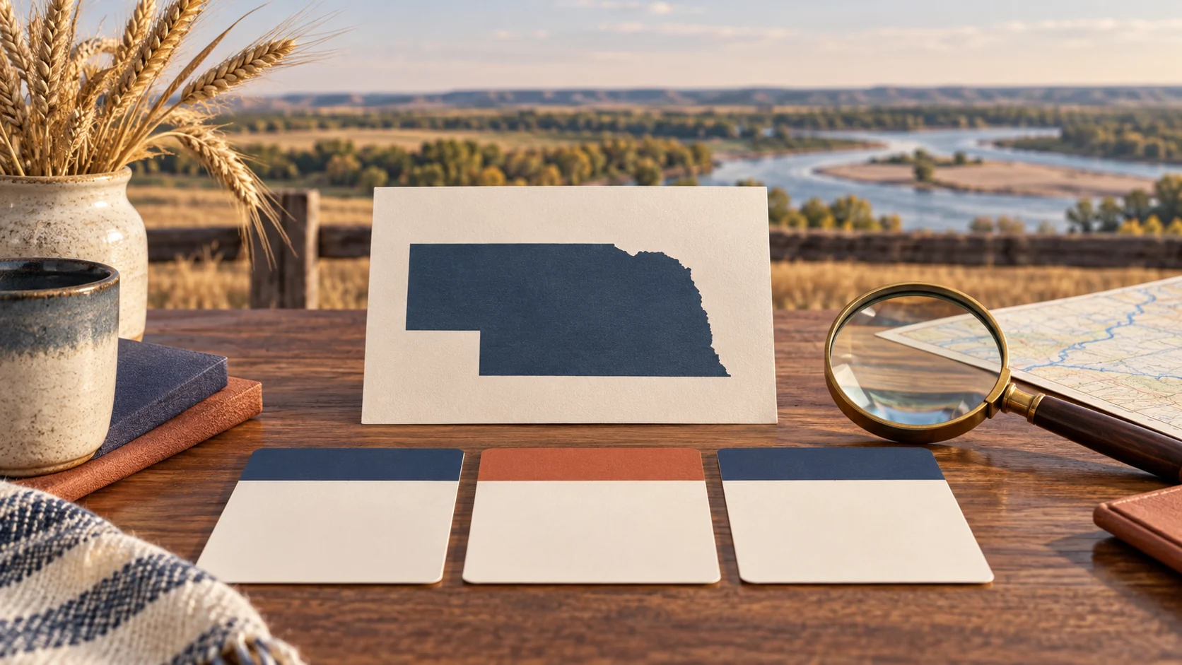 A Nebraska map or state outline, comparison cards, and planning tools arranged against a regional landscape