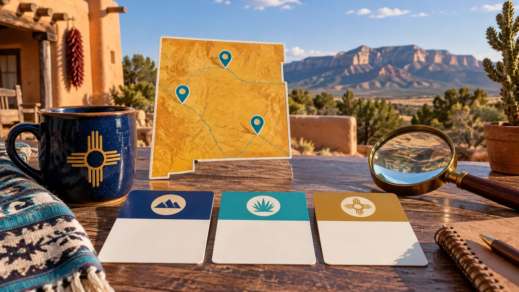 A New Mexico map or state outline, comparison cards, and planning tools arranged against a regional landscape