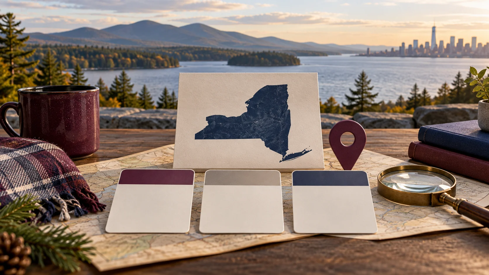A New York map or state outline, comparison cards, and planning tools arranged against a regional landscape