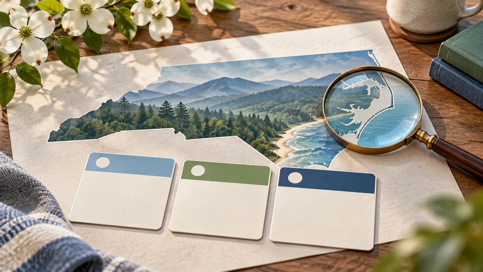 A North Carolina map or state outline, comparison cards, and planning tools arranged against a regional landscape