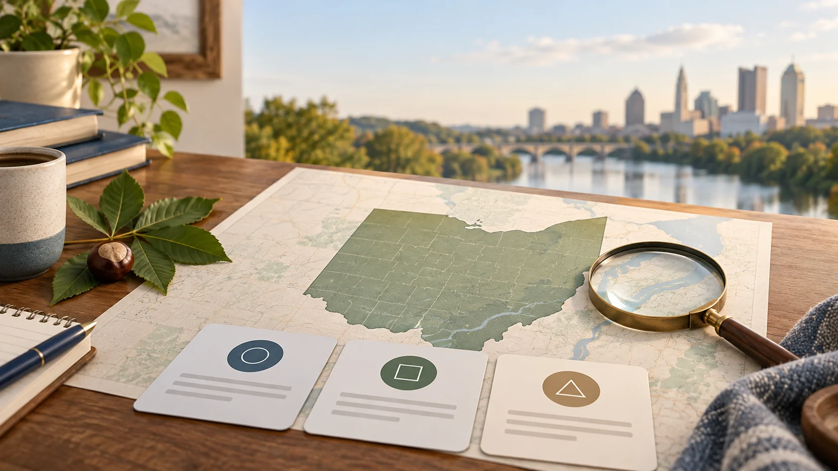 An Ohio map or state outline, comparison cards, and planning tools arranged against a regional landscape