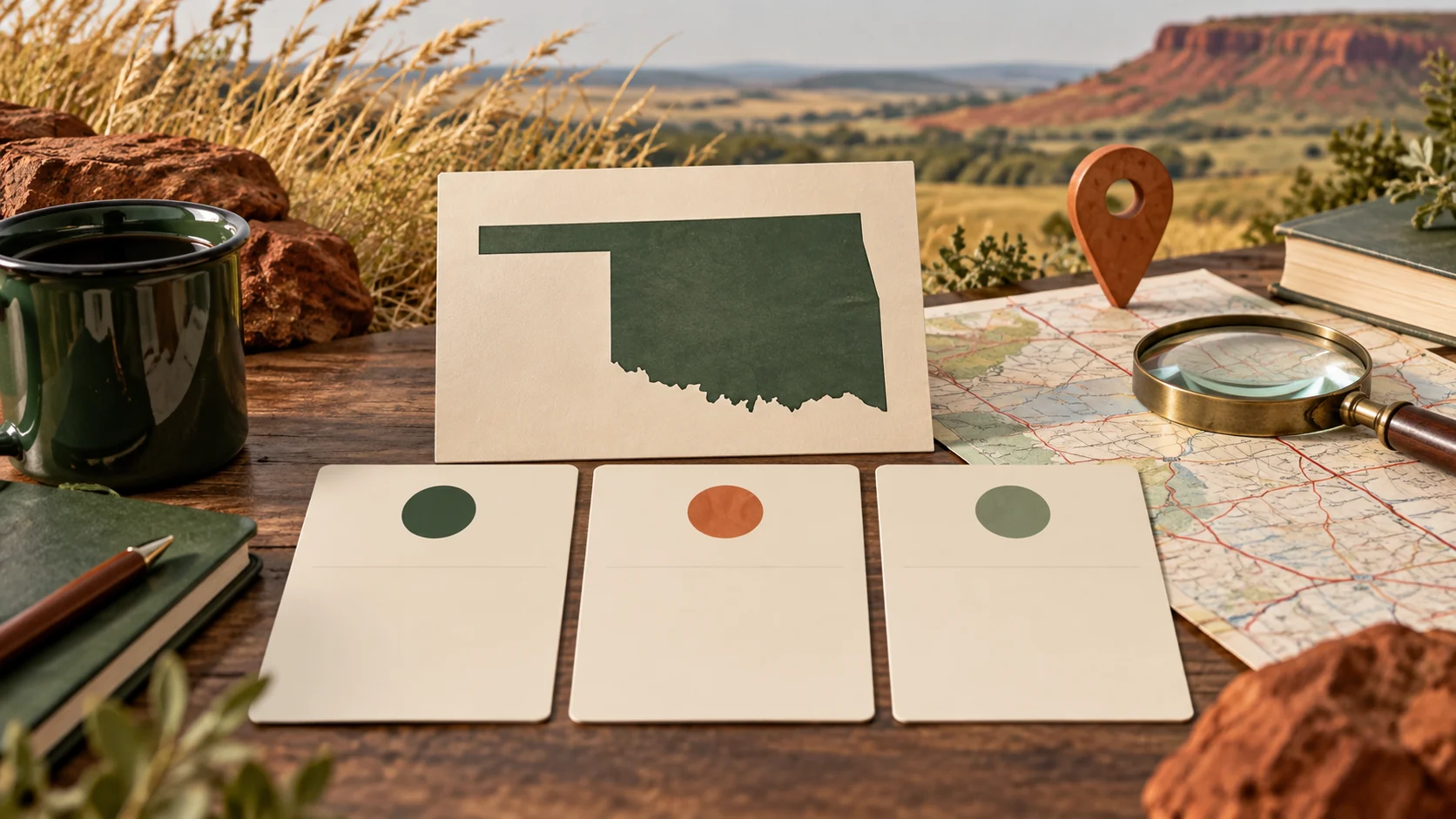 An Oklahoma map or state outline, comparison cards, and planning tools arranged against a regional landscape