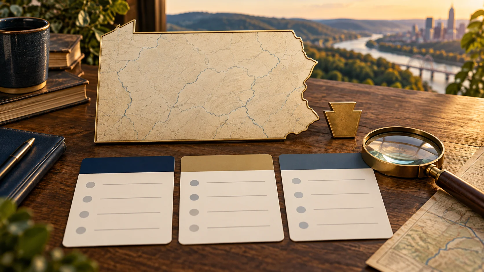 A Pennsylvania map or state outline, comparison cards, and planning tools arranged against a regional landscape