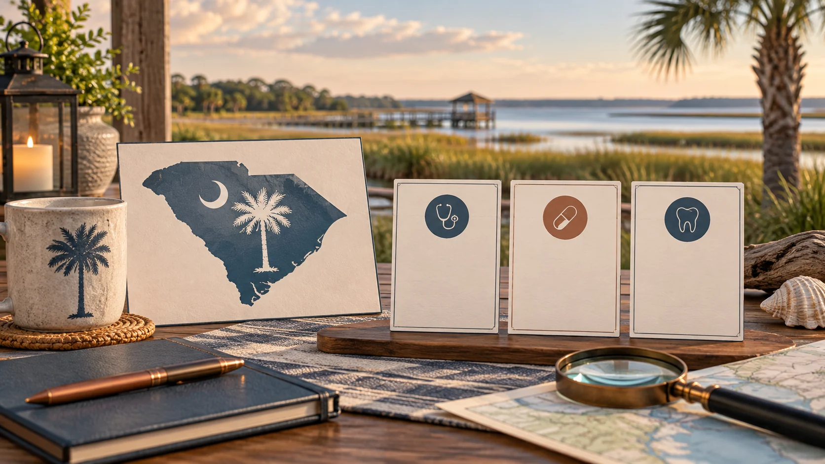 A South Carolina map or state outline, comparison cards, and planning tools arranged against a regional landscape