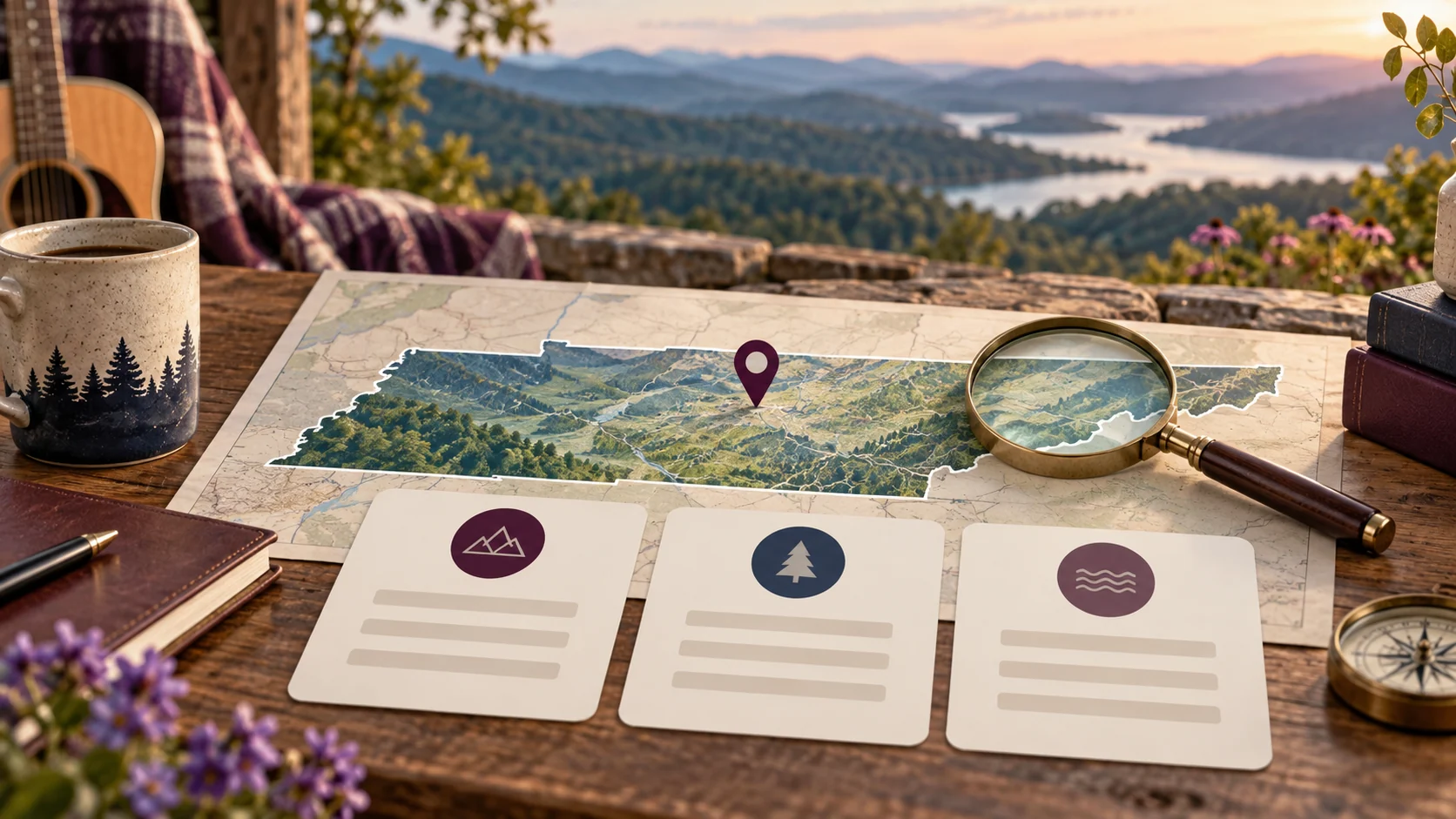 A Tennessee map or state outline, comparison cards, and planning tools arranged against a regional landscape