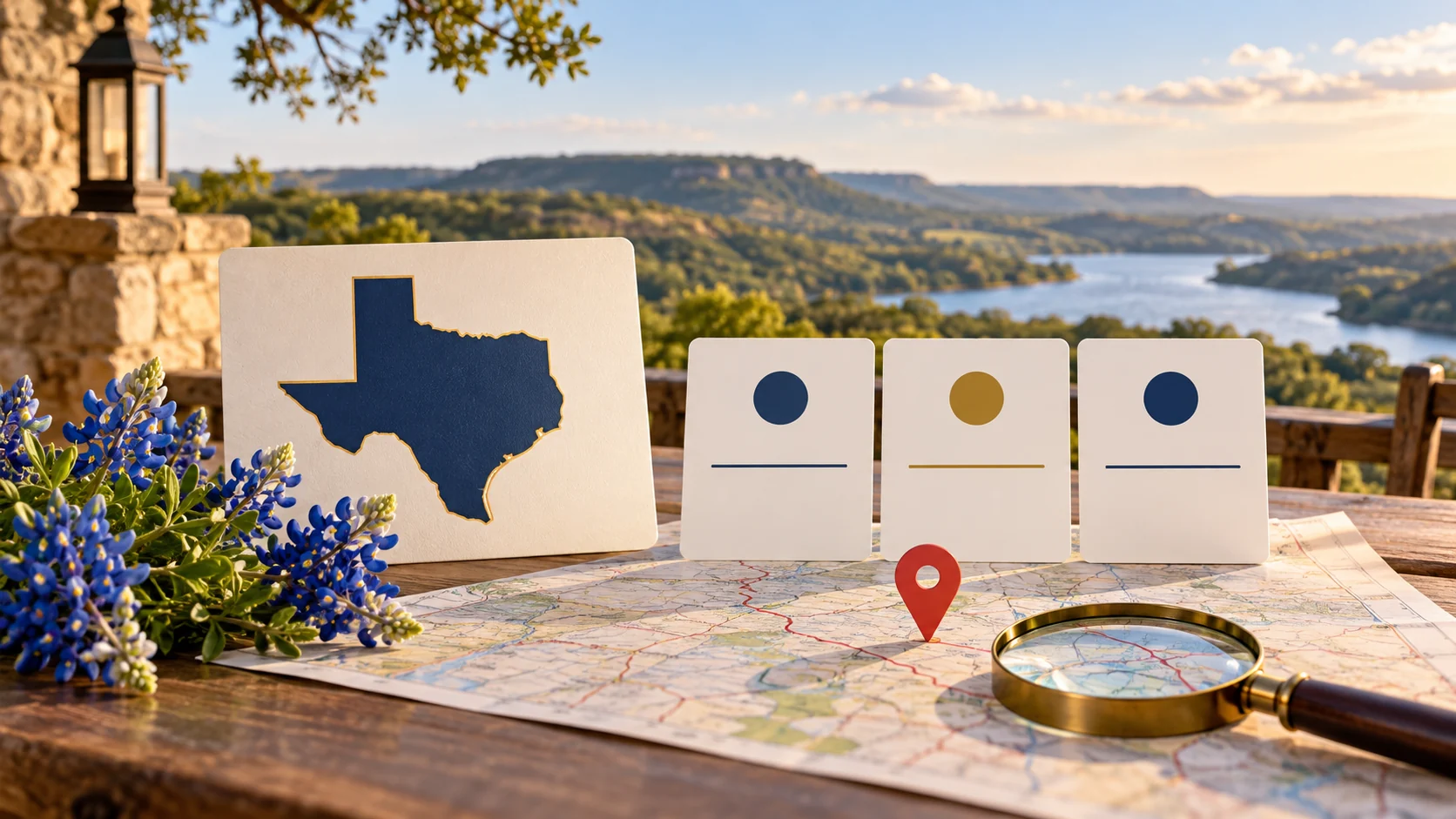 A Texas map or state outline, comparison cards, and planning tools arranged against a regional landscape