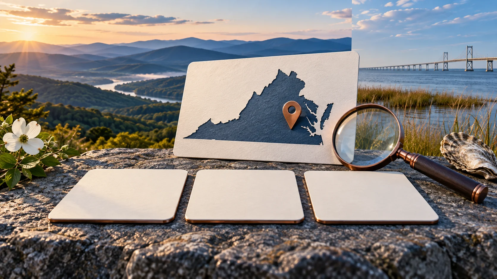 A Virginia map or state outline, comparison cards, and planning tools arranged against a regional landscape