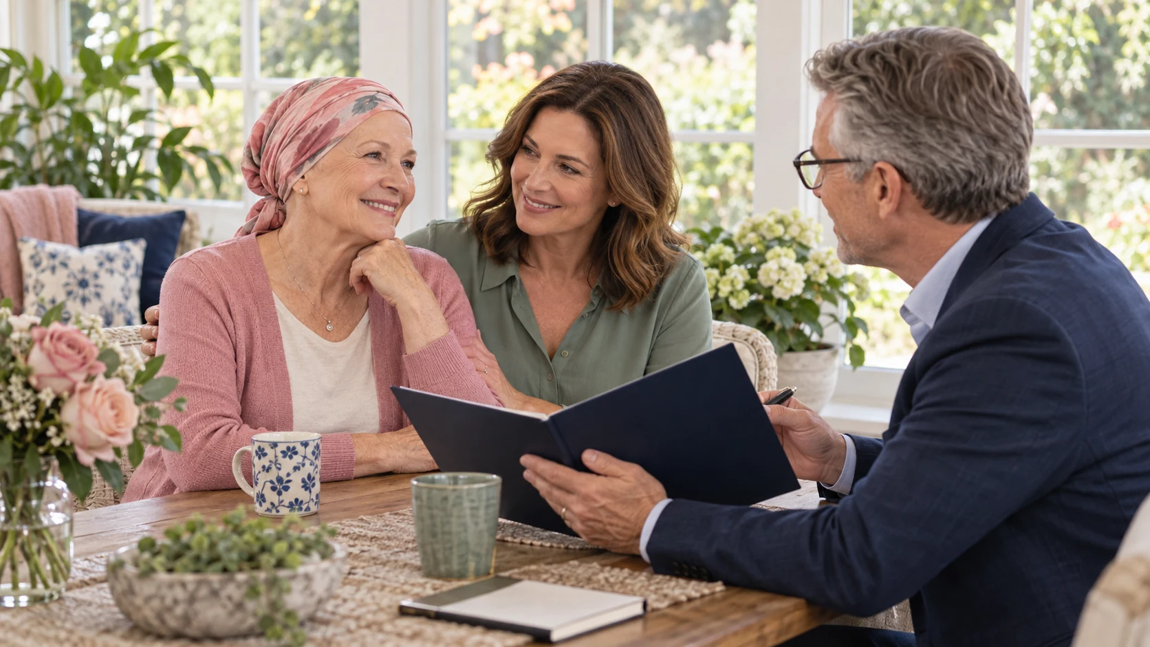 A woman wearing a head scarf and her companion review coverage information with an advisor at home