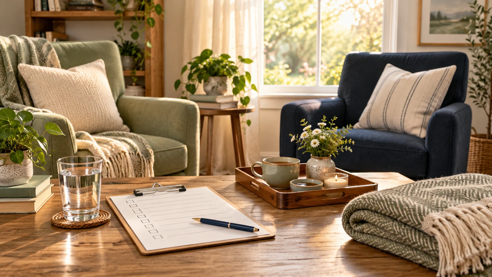 A calm living room with two chairs, a checklist, water, tea, and a folded blanket