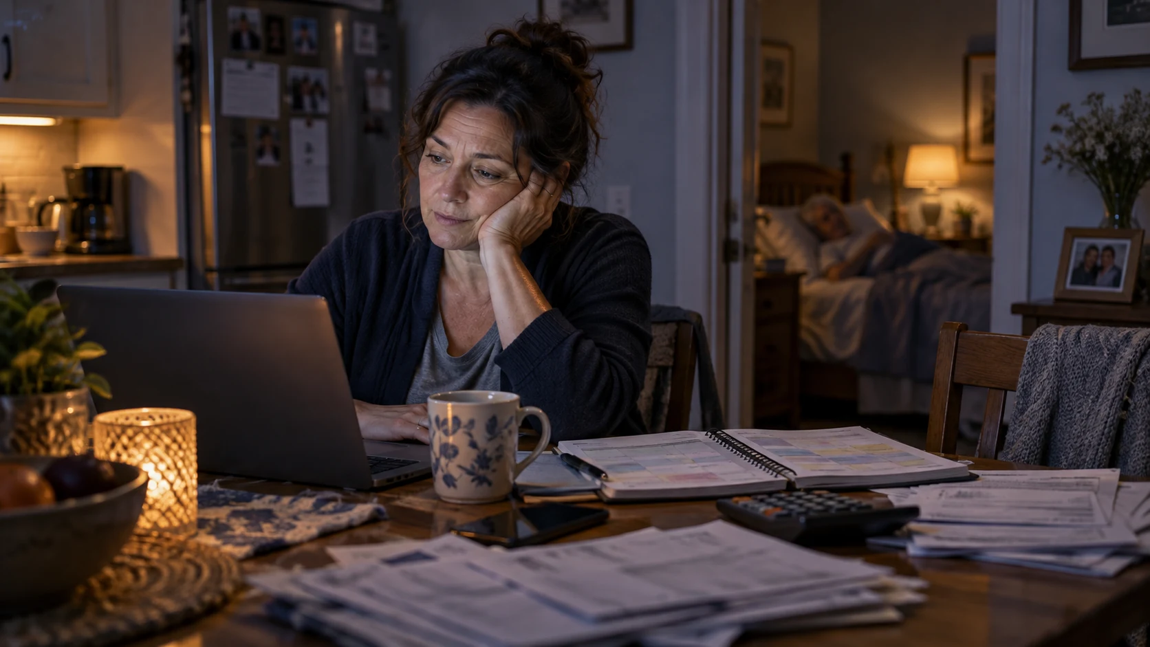 A tired caregiver works at a laptop late at night amid papers and a calendar