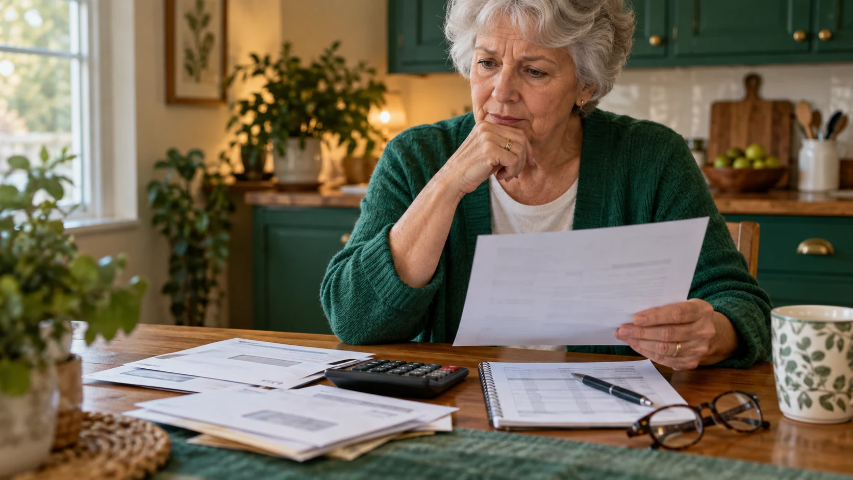 An older woman reviews household bills and a calculator at her kitchen table