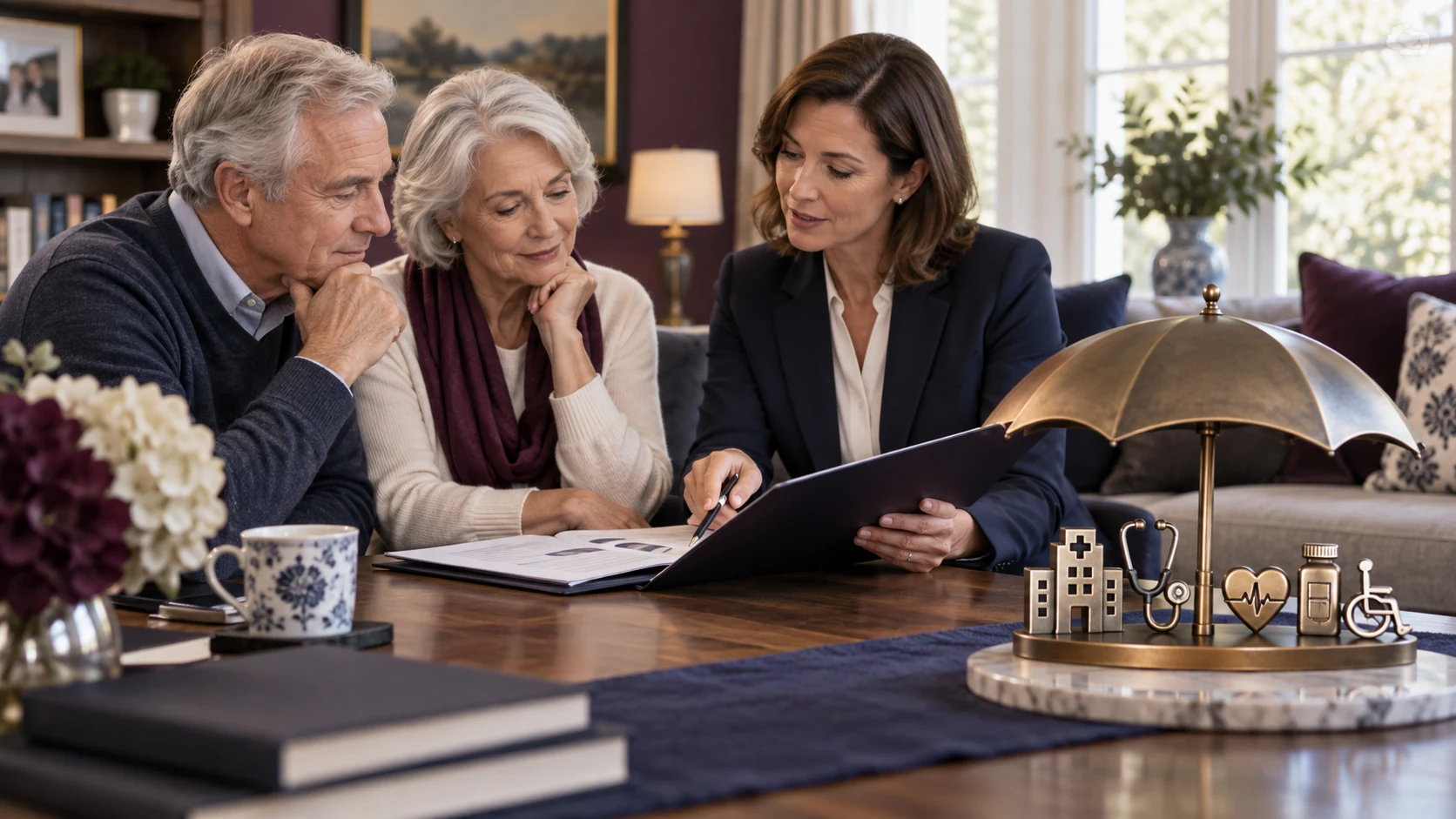 An older couple reviews critical-illness coverage with an advisor at a home table