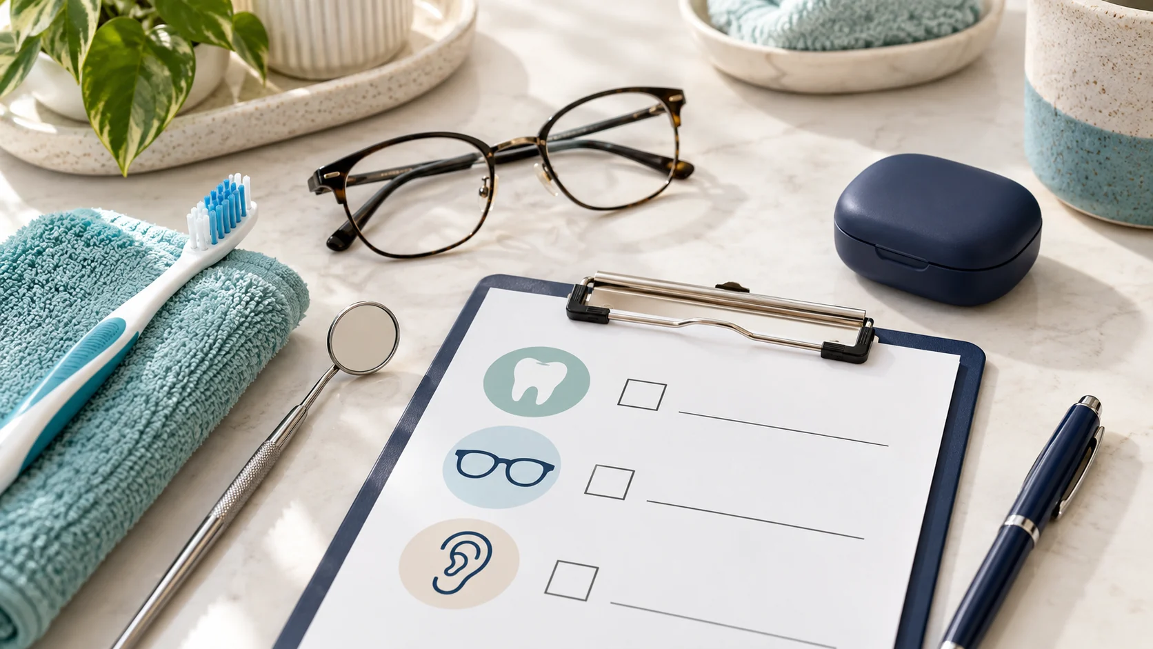 A dental, vision, and hearing checklist with glasses, a toothbrush, and a hearing-aid case