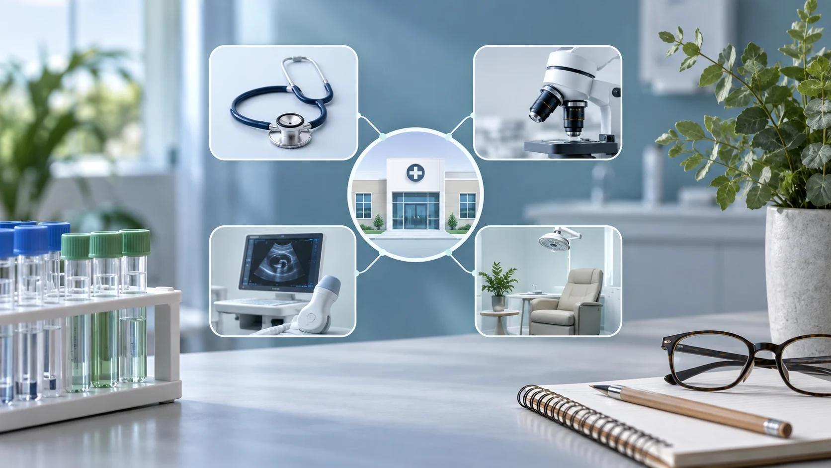 A healthcare network diagram links a clinic with laboratory, imaging, specialist, and exam-room icons