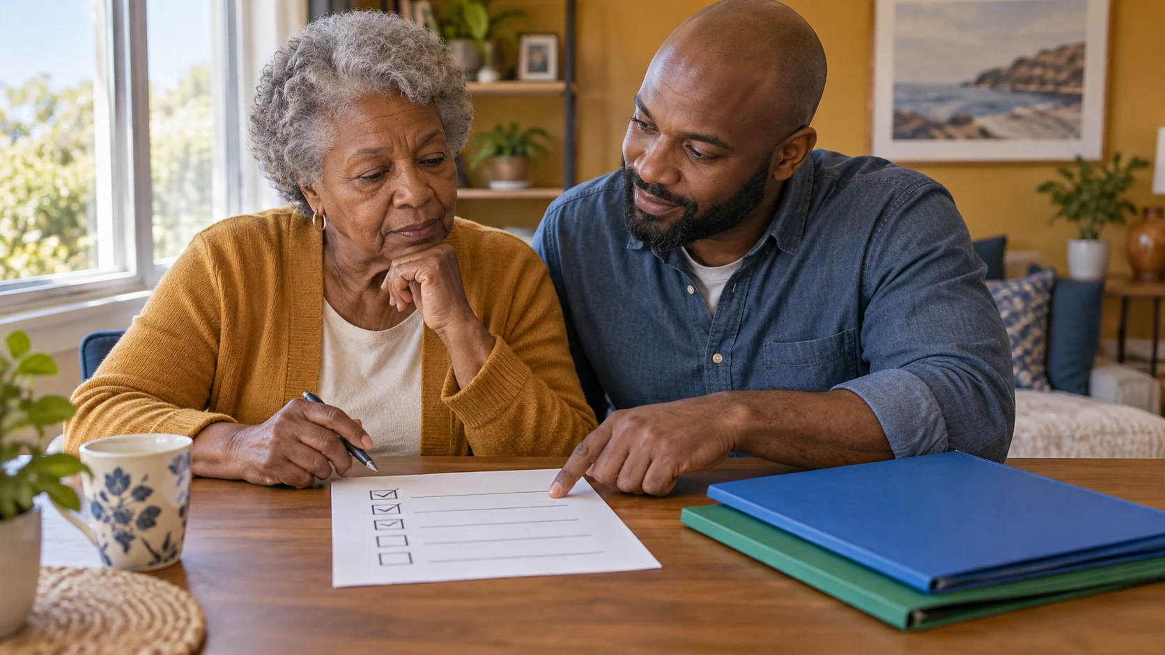 An older woman and a caregiver review a printed eligibility checklist at home