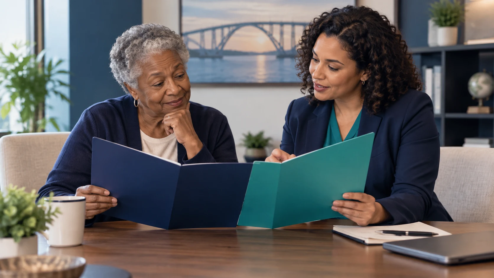 An older woman compares two coverage folders with an advisor at a table