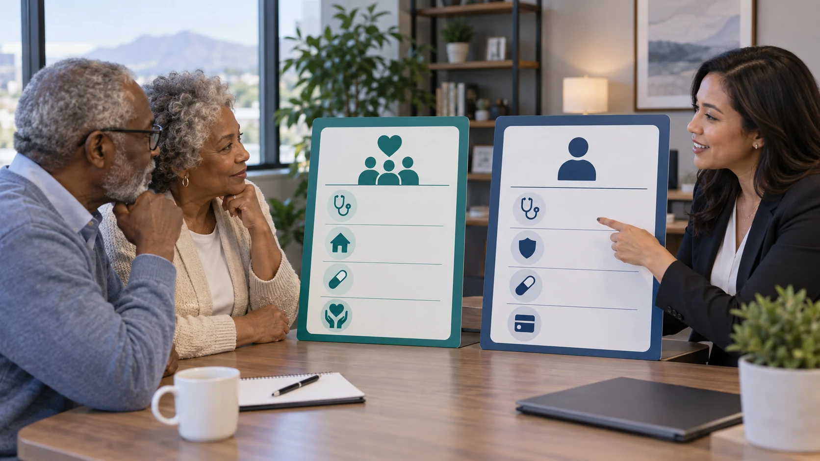An older couple compares two illustrated plan boards with an advisor