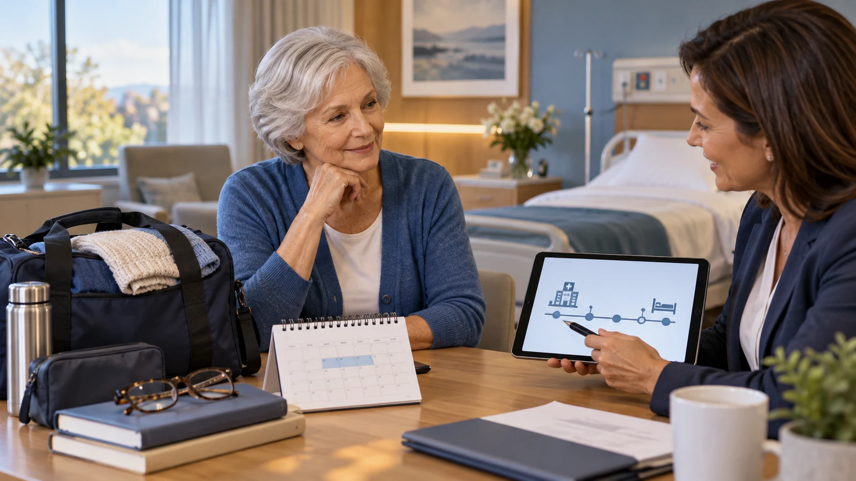 An older woman reviews a discharge calendar and hospital-cost illustration with an advisor