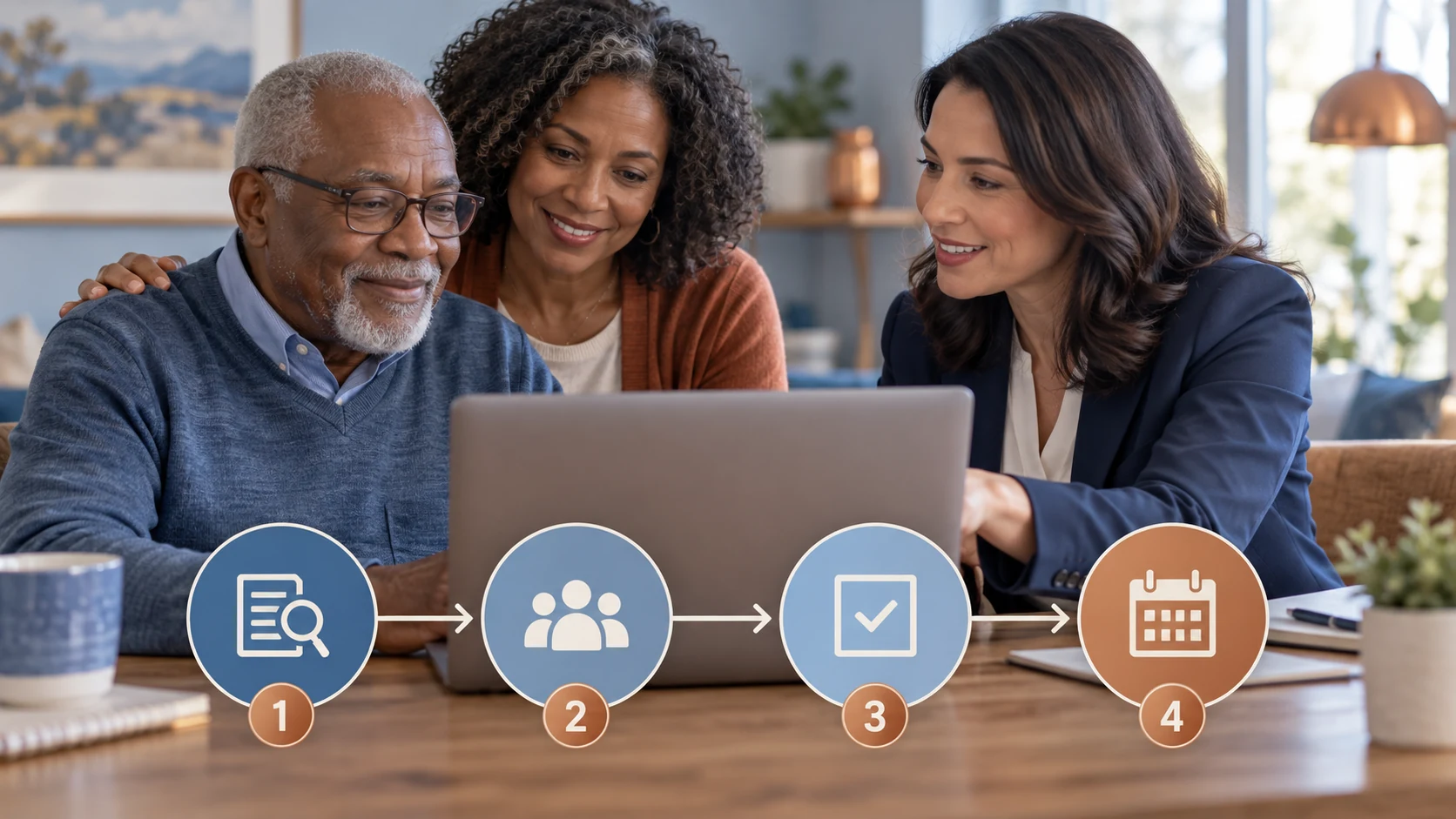 An older couple and an advisor follow a four-step enrollment path on a laptop