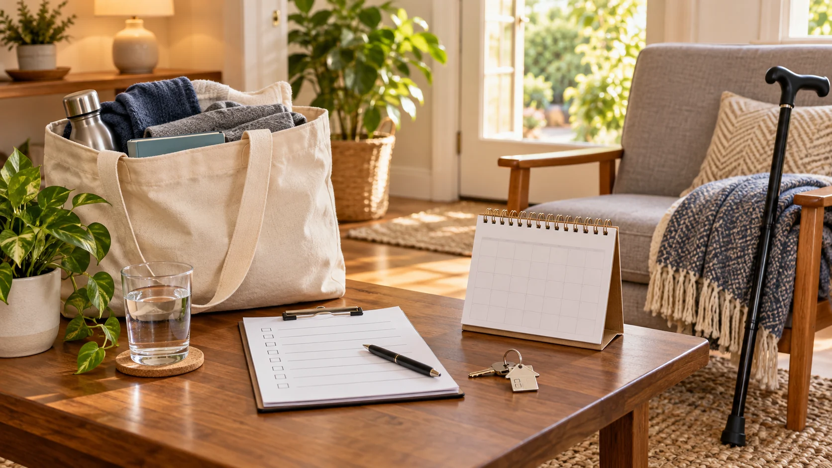 A packed tote, calendar, checklist, keys, and cane arranged for a return home