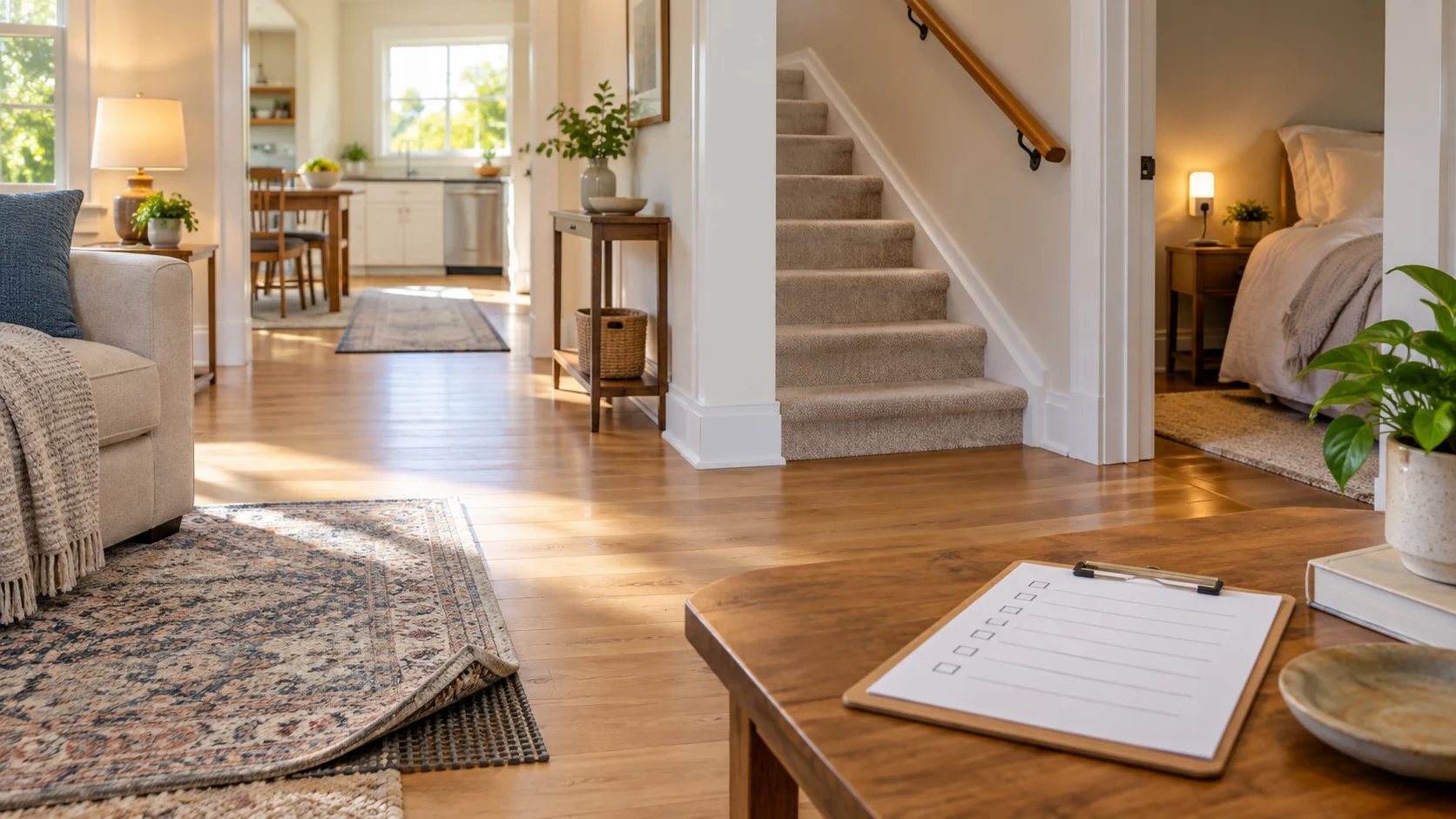 A tidy home interior with a clear walkway, stair rail, and safety checklist