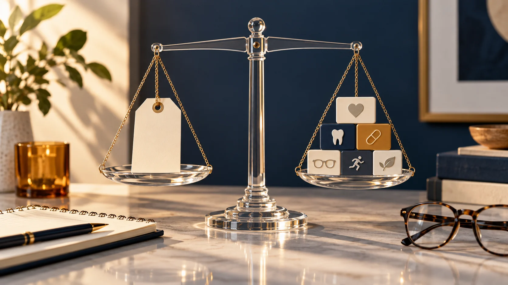 A balance scale compares a zero-cost card with healthcare benefit icons