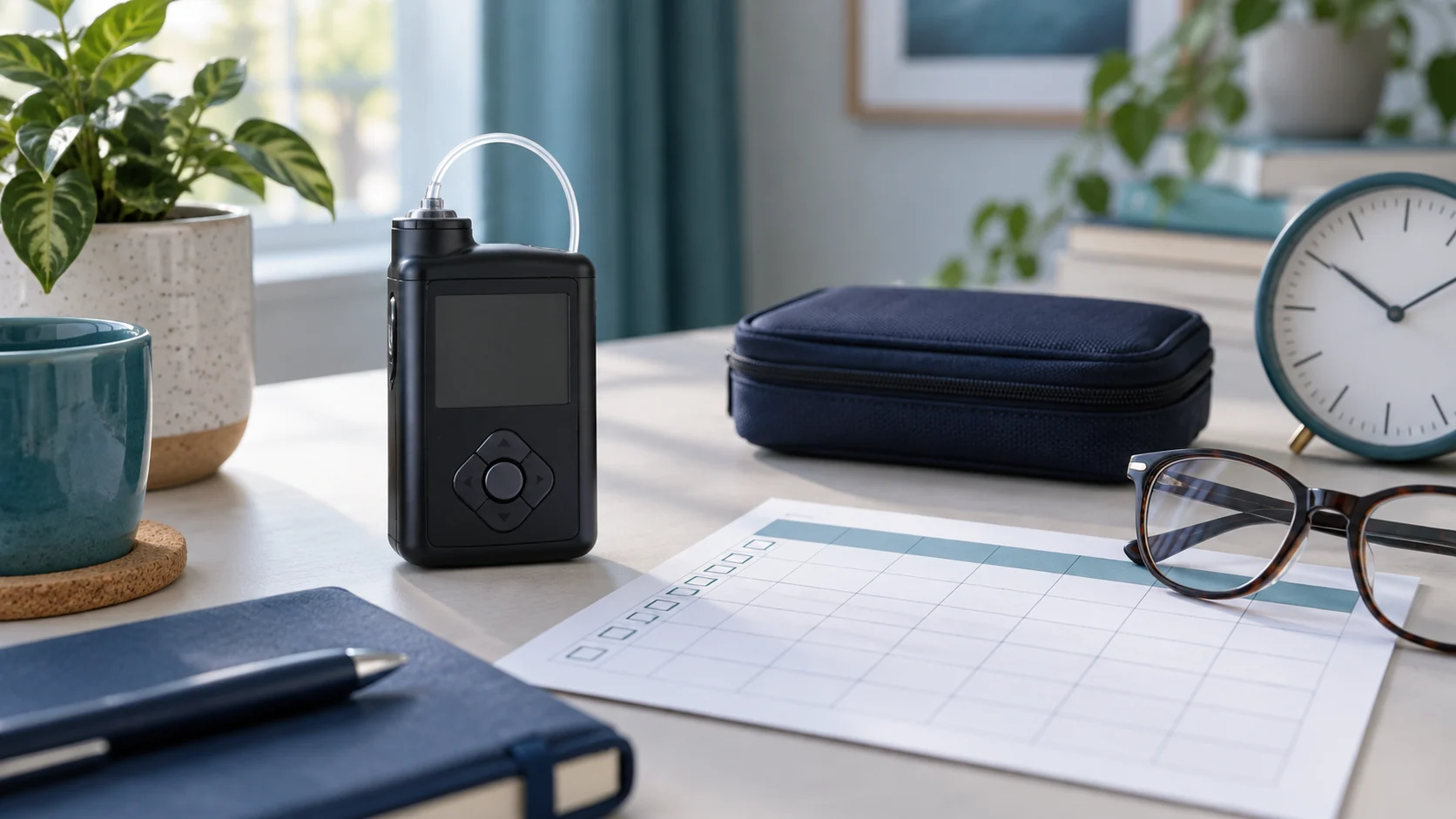 An insulin pump, carrying case, glasses, clock, and medication calendar on a desk