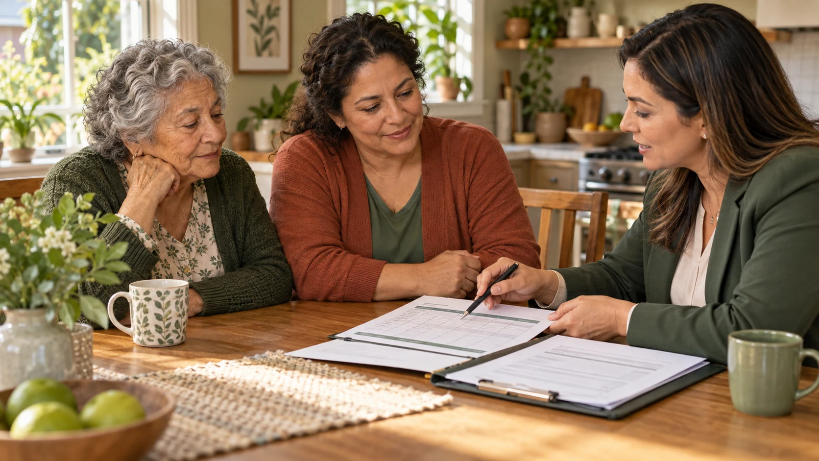 An older woman and family caregiver review a program form with an advisor