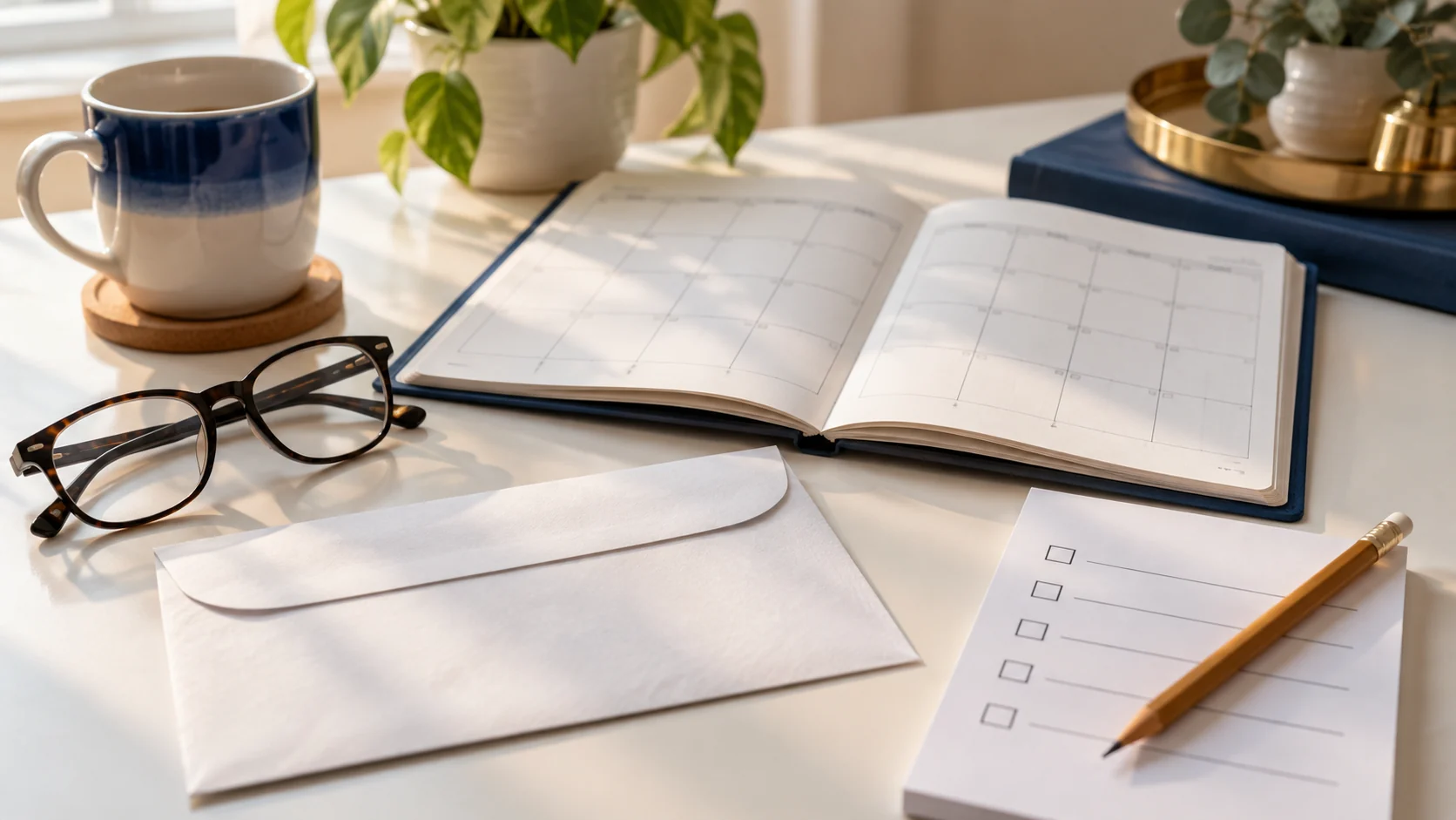 A blank envelope, calendar, checklist, pencil, coffee cup, and reading glasses on a desk