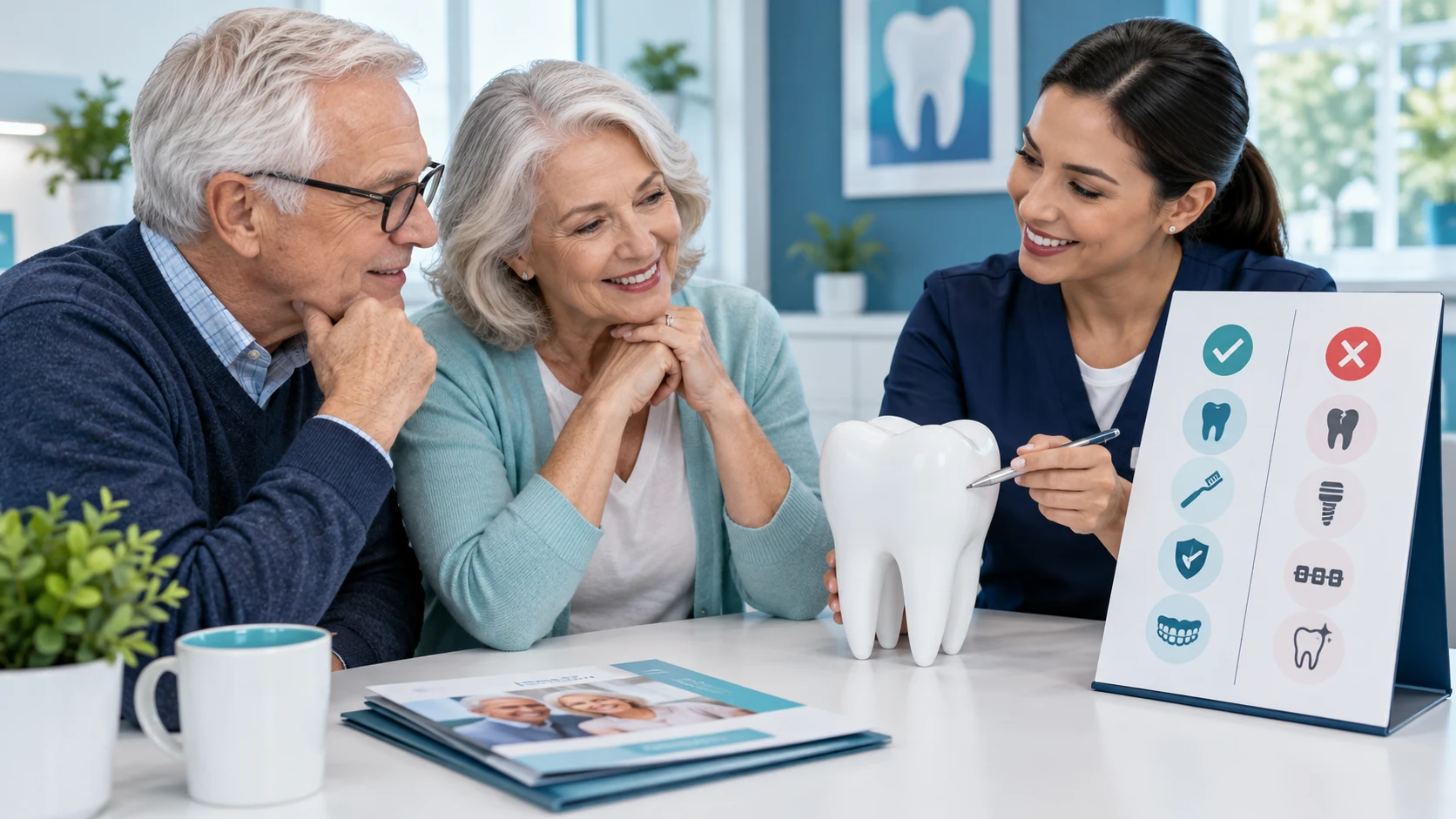 An older couple reviews a dental-benefits comparison board with a dental professional