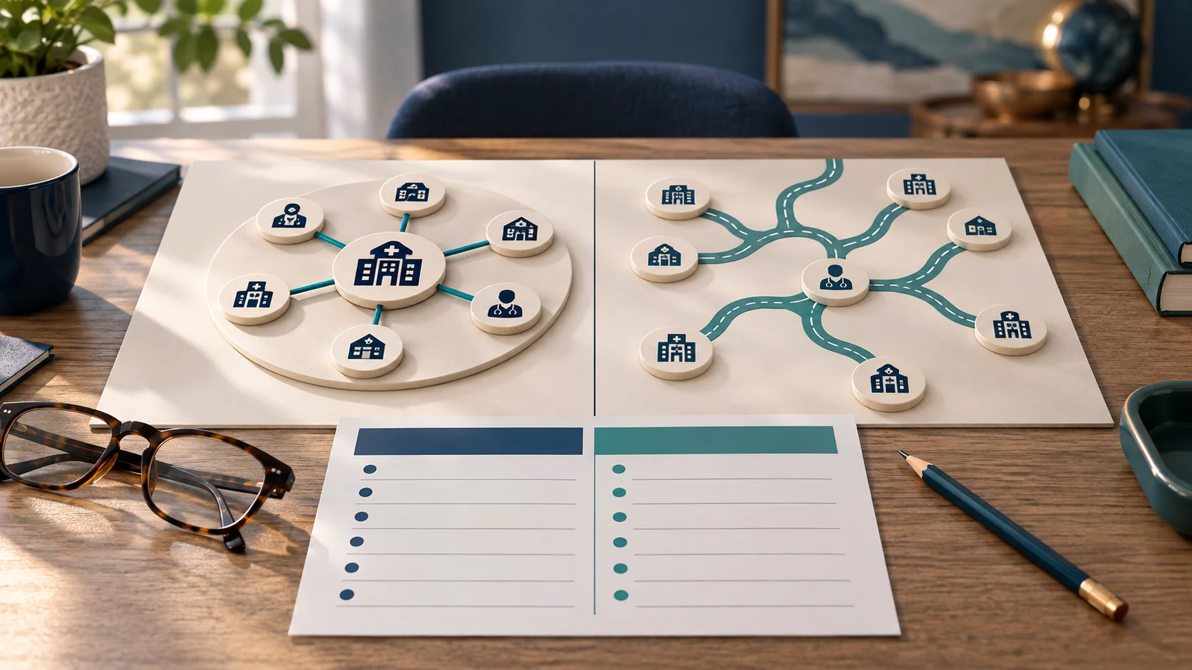 Two healthcare network diagrams compare a compact network with a broader network