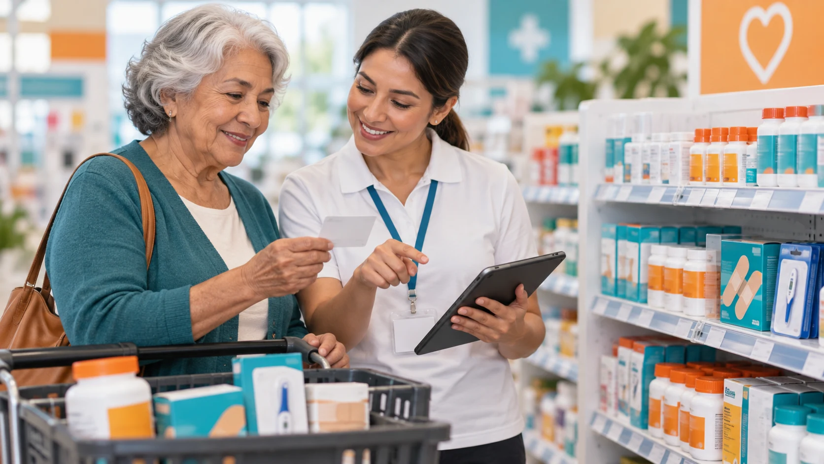 An older woman reviews an over-the-counter benefit card with a store associate in a pharmacy aisle