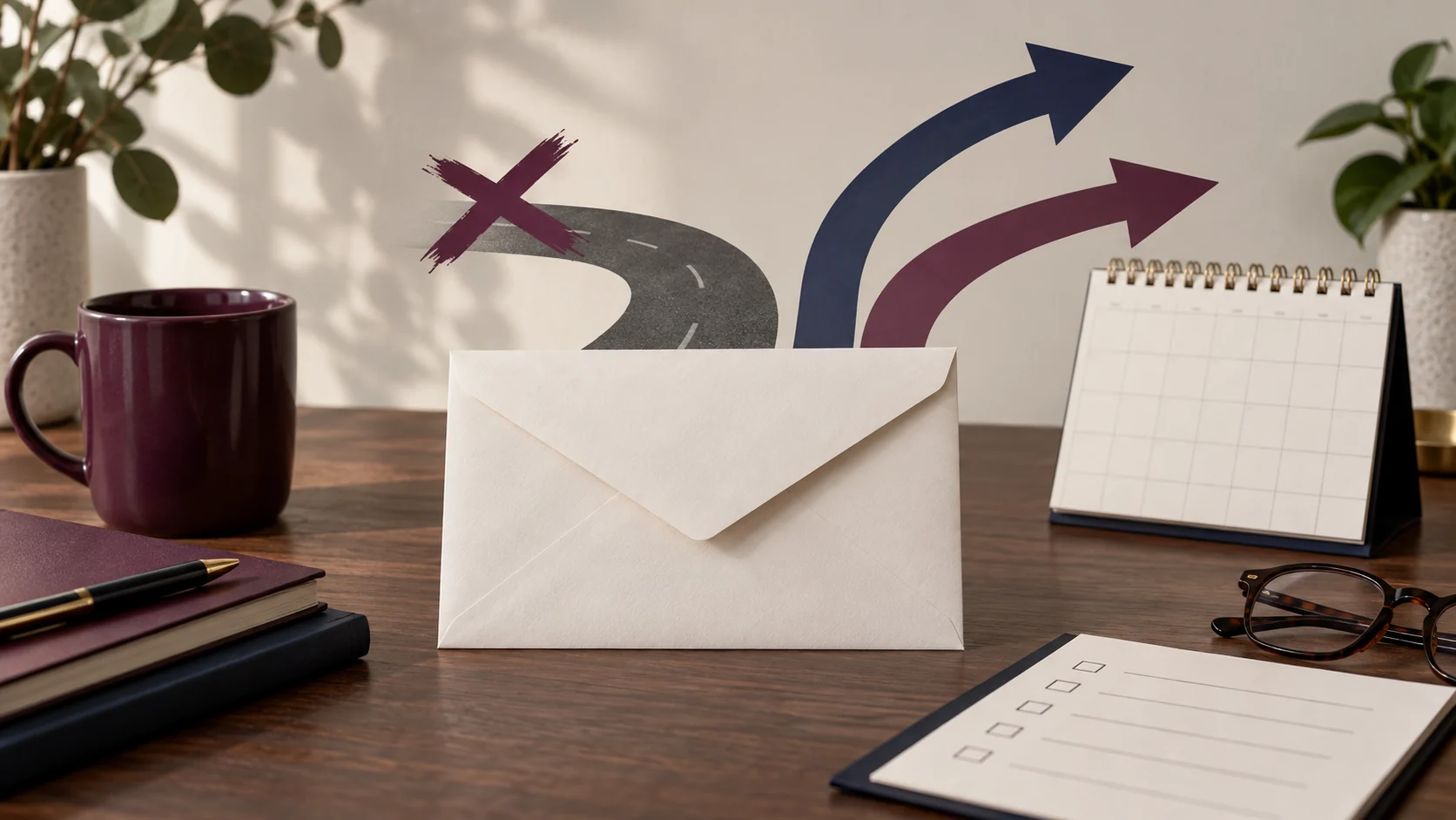 A blank envelope, checklist, calendar, and diverging arrows represent a plan exit notice