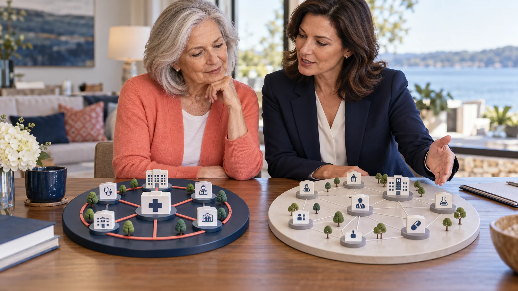 An older woman compares two healthcare-network models with an advisor